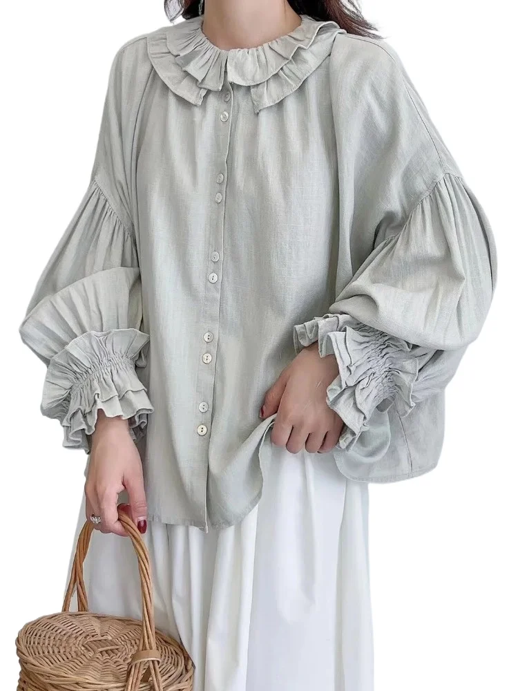 

High Quality Retro French Chic Style Women Top Sweet Mori Girl Cotton Linen Shirt Female Loose Wide Lantern Sleeve Female Blouse