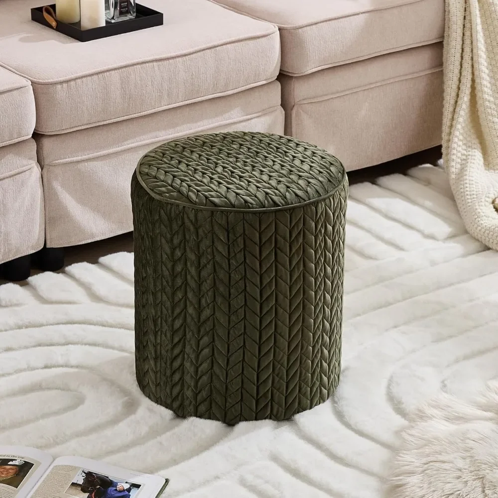Modern Velvet Ottoman round Braided-Tufted Foot Stool Upholstered Vanity Stool for Bedroom Living Room Makeup Decor