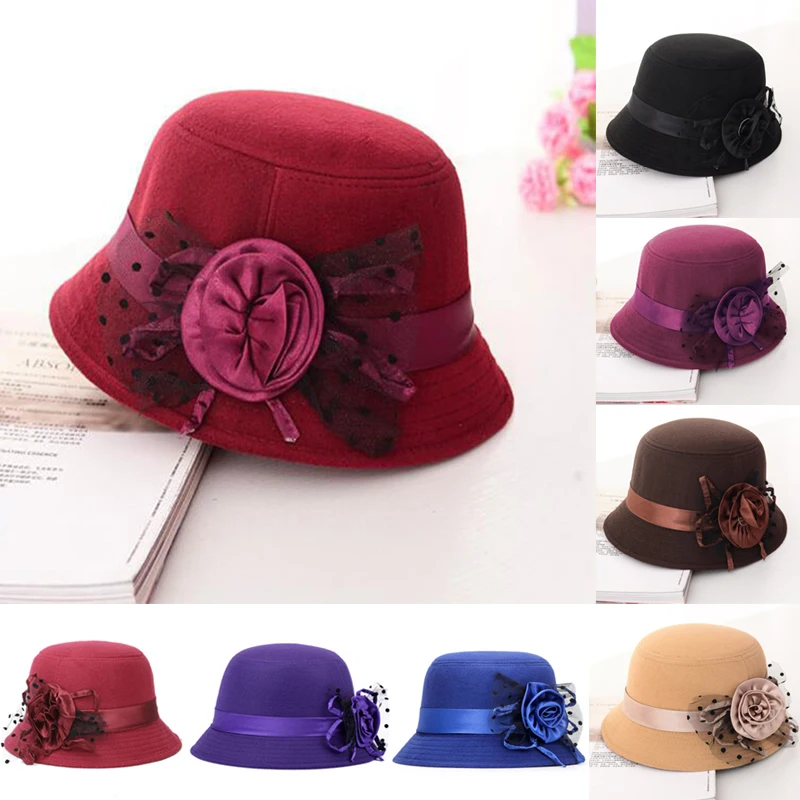 Women's Hats British Style Ladies Top Hat Keep Warm In Autumn Winter Retro Solid Color With Flower Wide Brim Round Flower Cap