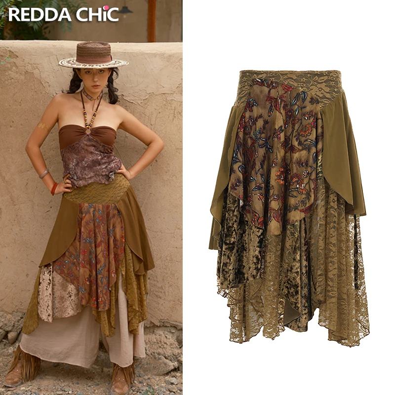 

ReddaChic Velvet Midi Skirt Retro Floral Print Lace Insert Irregular Hem A Line Hippie Boho Skirt Chic Autumn Winter Dating