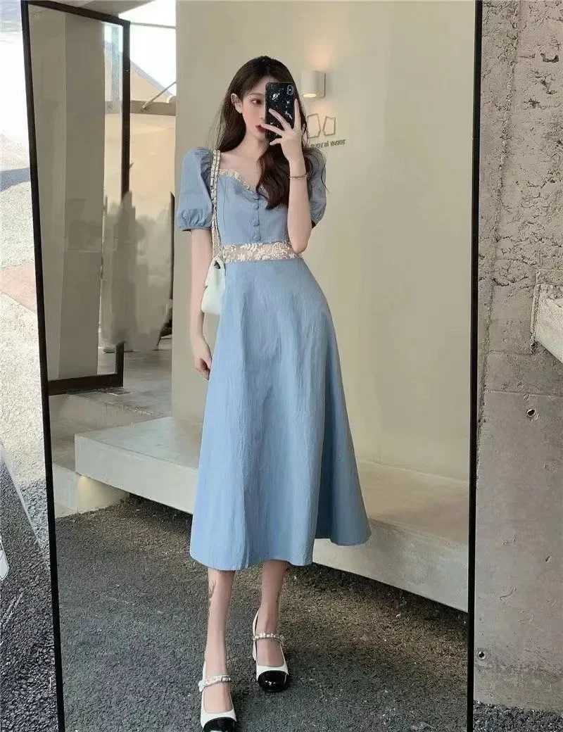 Abito da fata in Chiffon estivo donna manica a sbuffo in cotone vita sottile scava fuori abito a maniche corte abito carino dolce retrò francese
