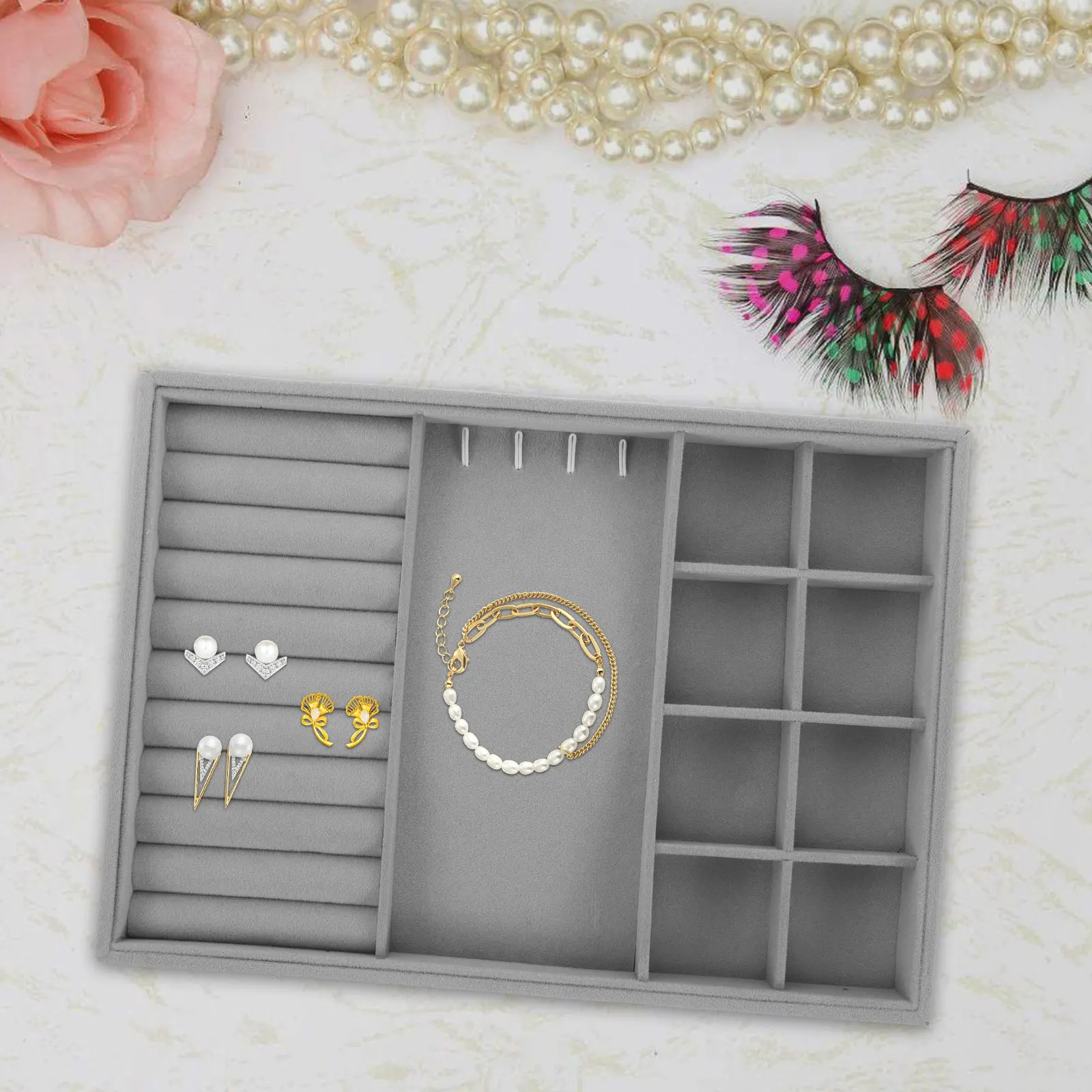

Gray Jewelry Box Organizer Large Capacity Display Stand Protects Rings Earrings Bracelets Drawer Insert Ring Display Tray