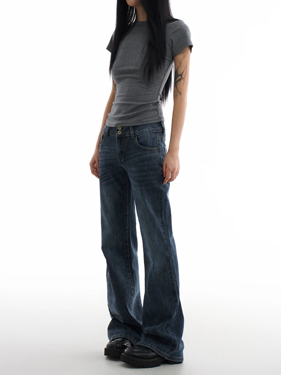 

Джинсы-колокольчики с низкой талией в стиле ретро, женские утягивающие брюки с высокой посадкой на подкладке, не облегающие брюки, хлопковые эластичные джинсовые повседневные брюки