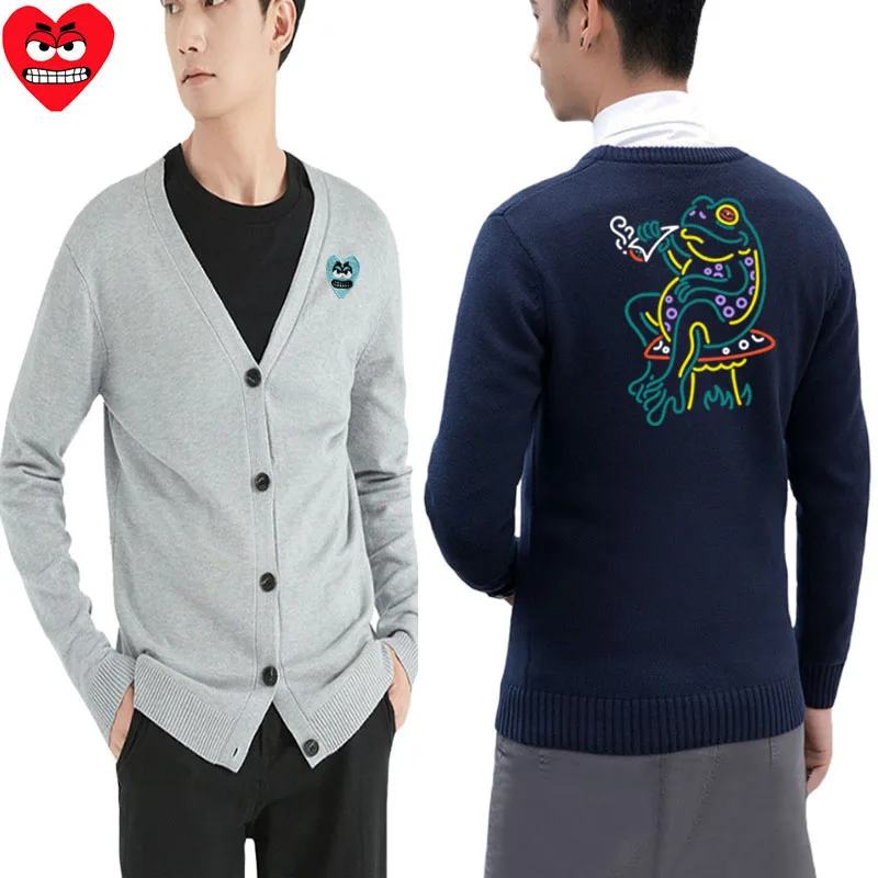 

Break Egg Men Open Woolen Sweater Heart Embroidered Frog Print V-neck Single Breasted Long Sleeve Autumn Sweater