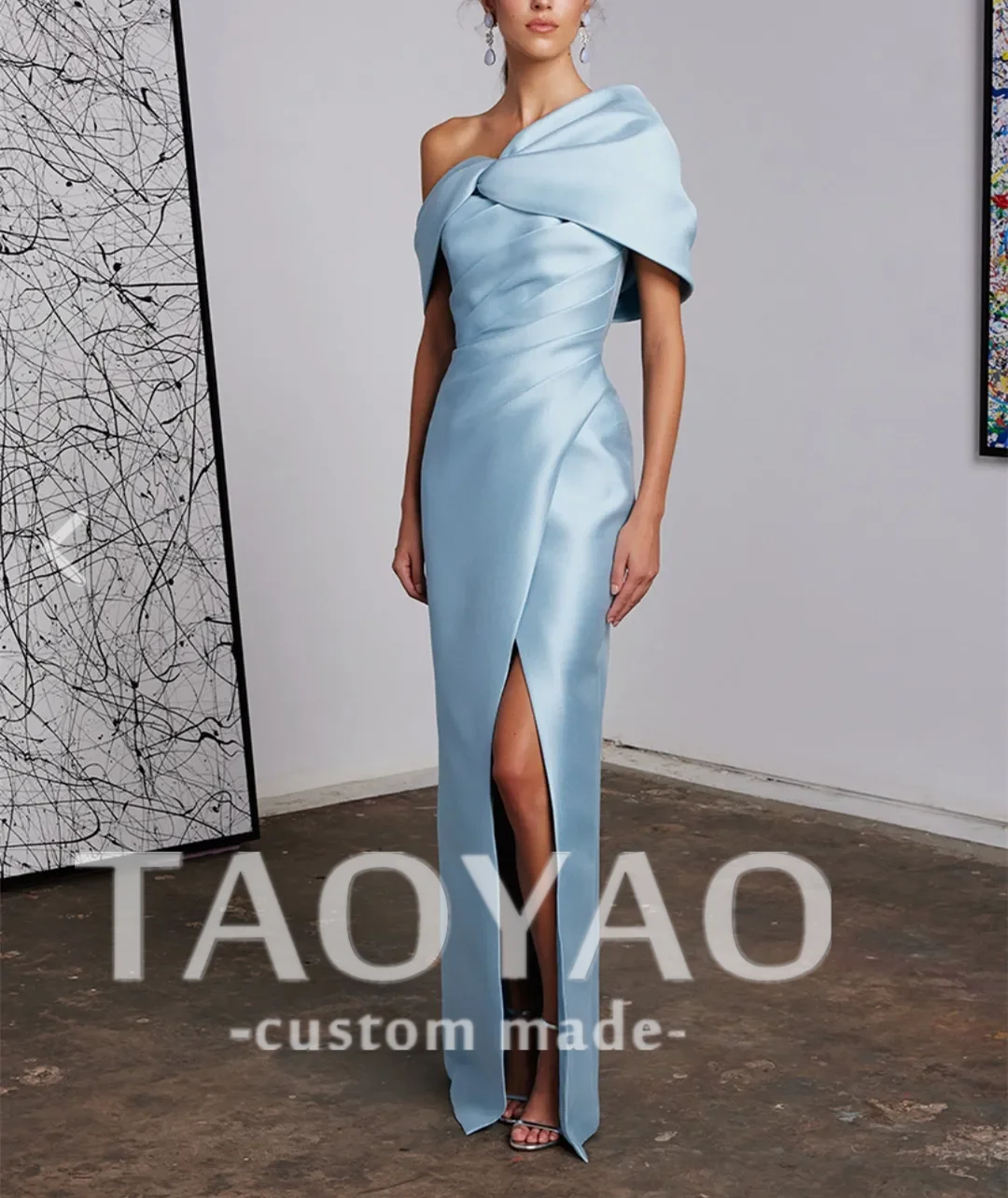 Long Light Blue Satin One Shoulder Evening Dresses With Slit Sheath Floor Length Pleated Robe de soirée Party Prom Gown 2024