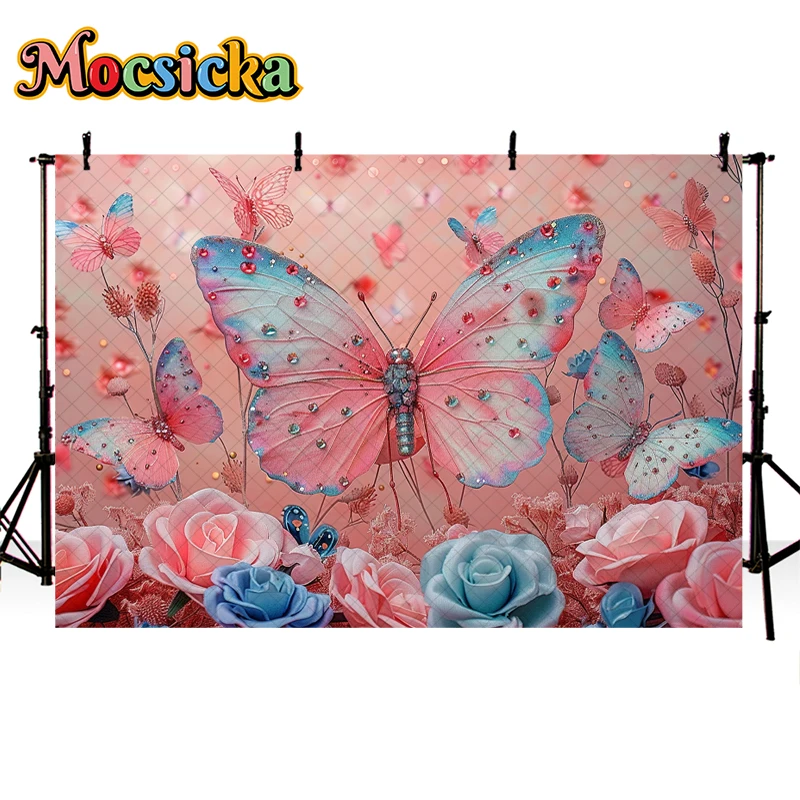 Mocsicka-خلفية تصوير للأطفال ، وردي ، أزرق ، فراشة ، سحق كعكة الأزهار ، ديكور بورتريه ، خلفية لاستوديو الصور