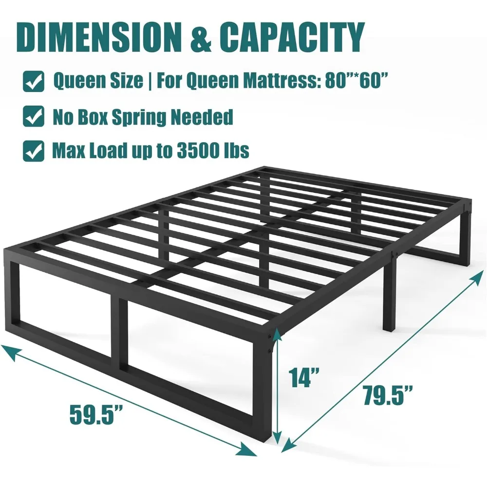 Telaio del letto, piattaforma in metallo resistente da 3500 libbre, supporto in lamiera d'acciaio // antiscivolo/facile da montare, struttura del letto grande 14 pollici