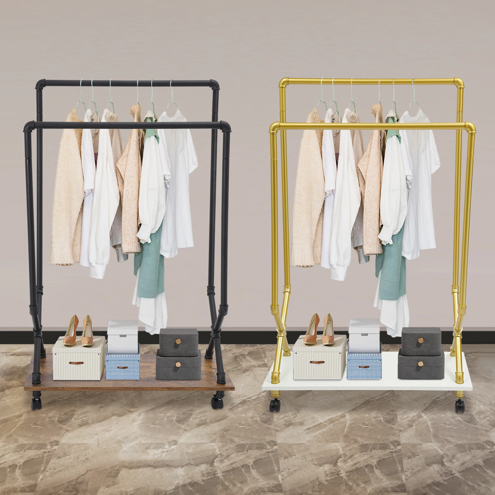 

Industrial Pipe Clothing Rack Garment Rack with Wheels for Home Boutique Retail