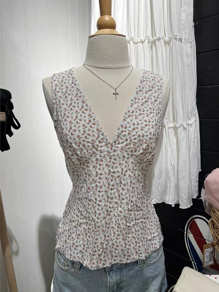

New Floral Lace-up Slim Tank Top Woman Summer Sexy V-neck Sleeveless Cotton Vest Cute Preppy Style Sweet Crop Top Y2k Clothes