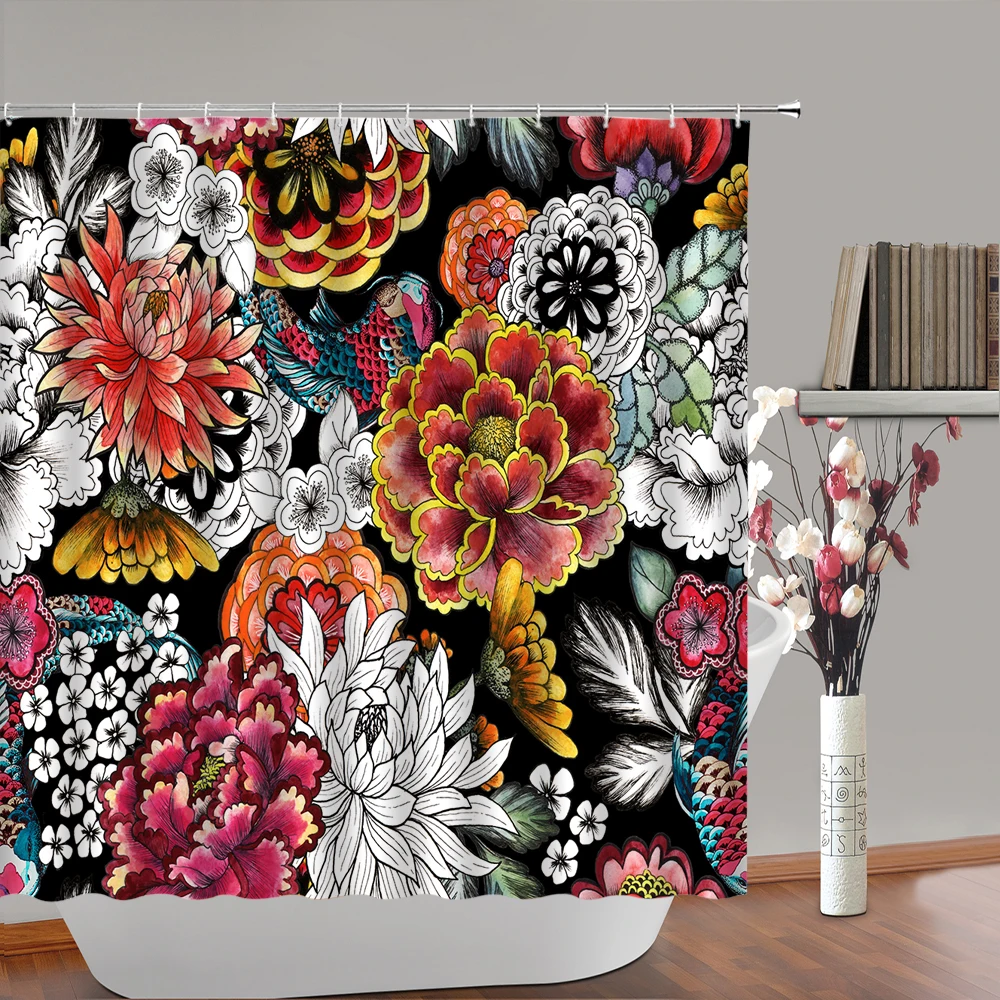 Blooming Flowers Shower Curtain Watercolor Lotus Rose Dahlia Floral Butterfly Bathroom Curtains Fabric Home Decor Bathtub Screen