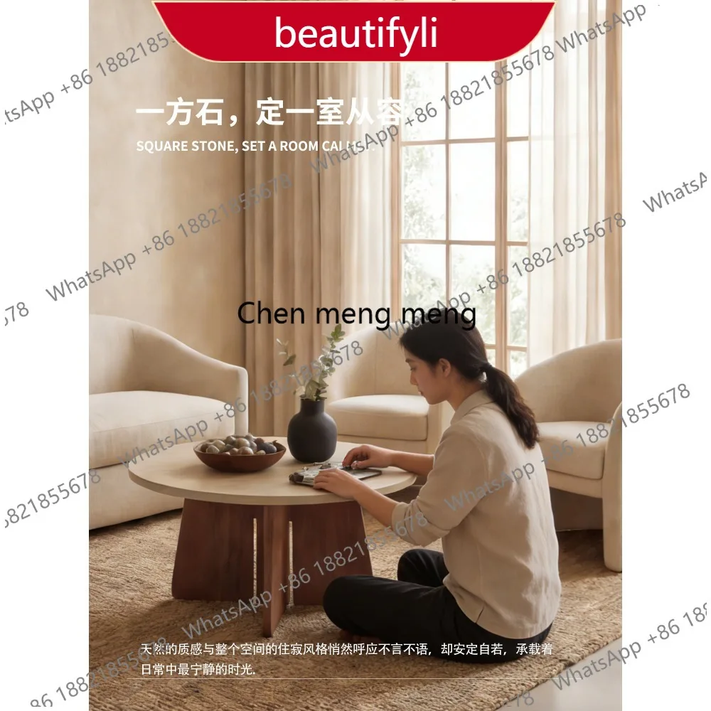 MM02 Medieval wabi sandy wind natural travertine round coffee table living room home light luxury high sense