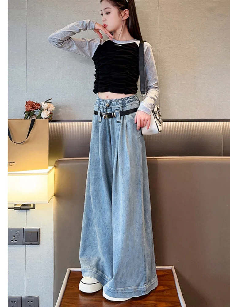 Girls Trousers Jeans Spring and Autumn 2024 New Korean Version Foreign Style Wide Leg Pants Thin Spring Dress Girl Culottes