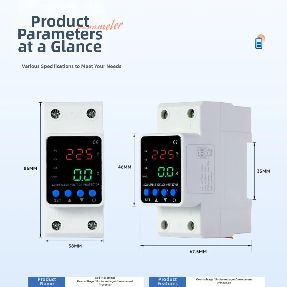 Digital Display Circuit Breaker With Auto-Reset Adjustable Over/Under Voltage & Current Protector (80-300V, 1-80A) Real-Time