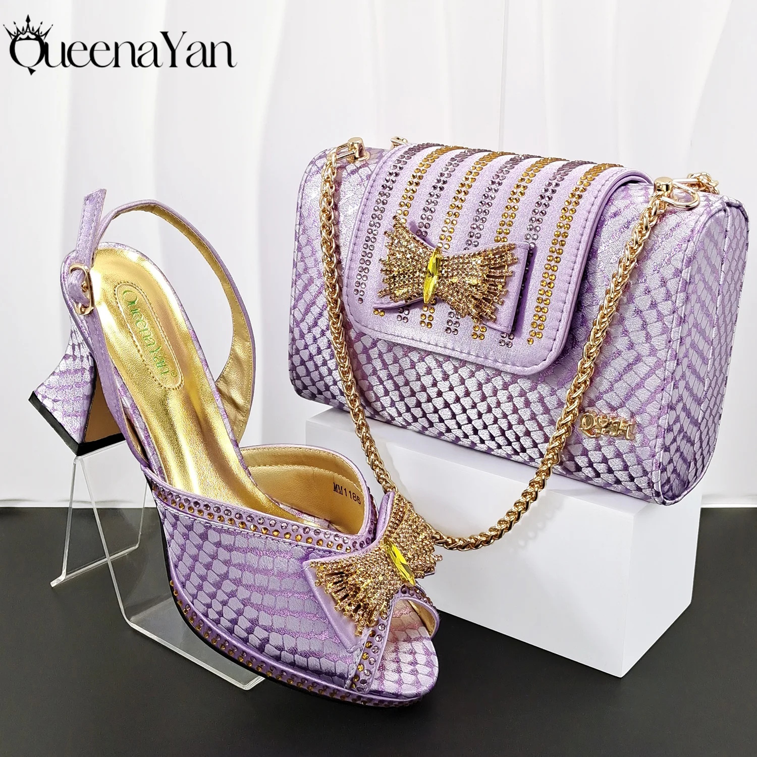 

QueenaYan Newest Elegant Style Lilac Color Design Party Wedding Peep Toe Lady High Heels and Bag Set Decorated With Rhinestone