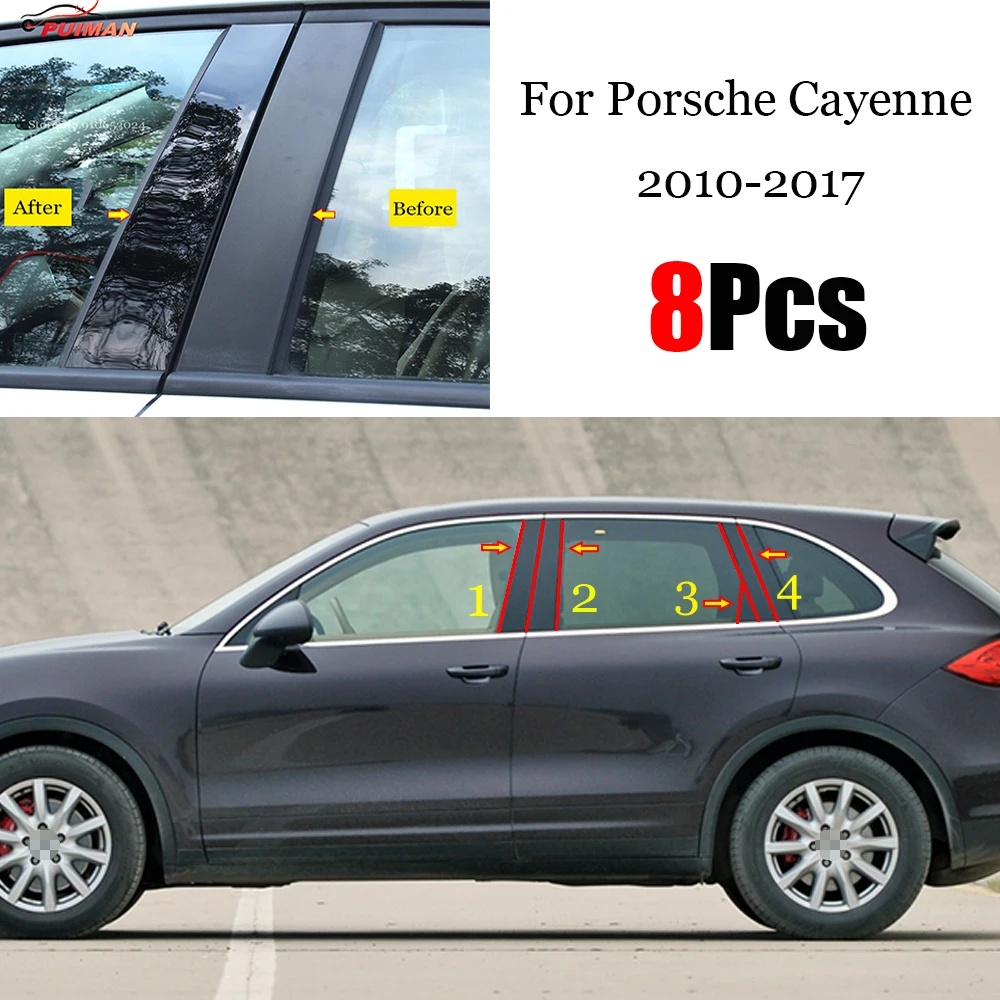 

8PCS Polished Black Car Door Window Column BC Pillar Post Cover Trim PC Material Sticker Fit For Porsche Cayenne 2010 - 2017