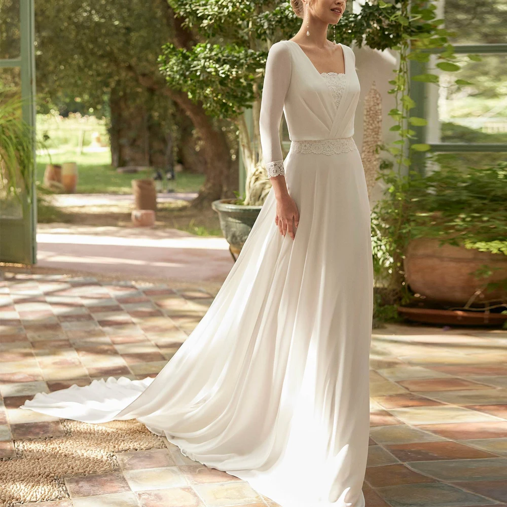 

Customized Chiffon Wedding Dresses with Sleeves V Cut Back Women's Bridal Gowns V Neck Sweep Train Minimalist Veatidos De Novia