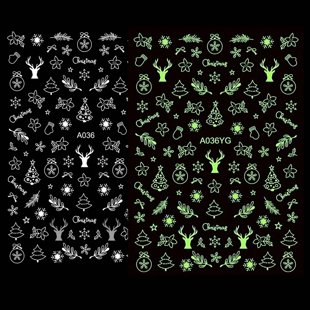 16개 발광 크리스마스 네일 스티커 9.5*7.5cm 사슴 눈송이 슬라이더 데칼 셀프 접착 네일 랩 스티커 매니큐어 슬라이더