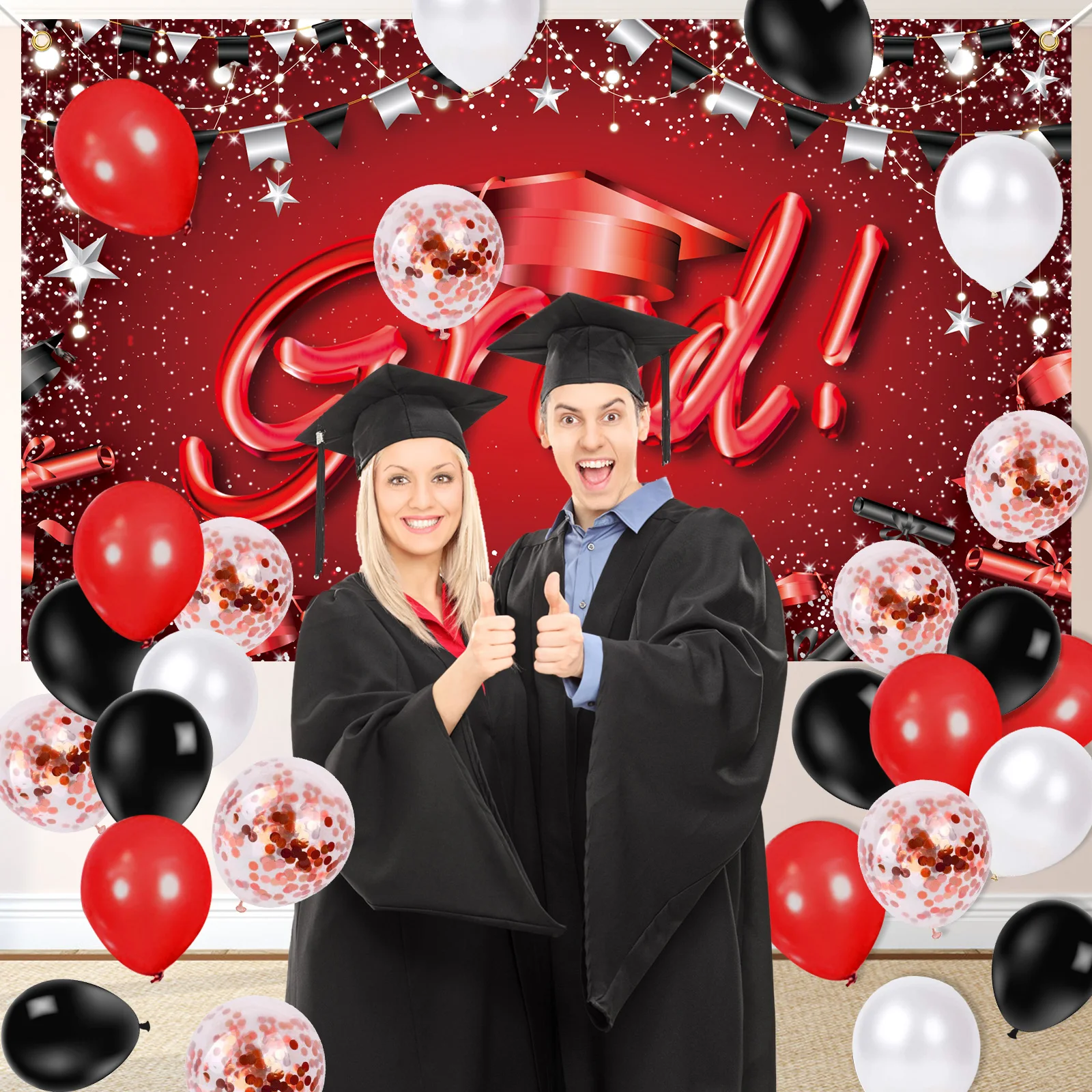 64 Pcs Graduation Party Decorations 2024, Congrats Grad Banner Backdrop with 60 Pcs Balloons Graduation Party Decorations Set fo