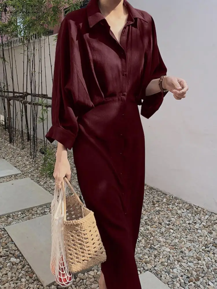 2023 ZANZEA Summer EWomen Lapel Neck Long Sleeve legant OL Shirt Dress Casual Office Work Sundress Robe Femme Party Vestidos