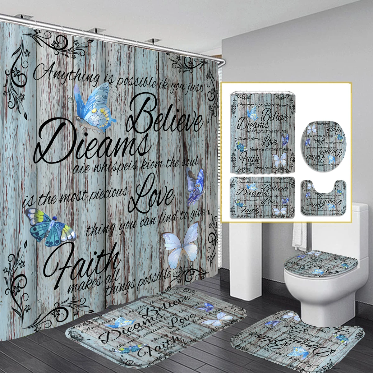 1/4 Piece Shower Curtain Set, Waterproof Bathroom Partition Curtain with Hooks, Anti-Slip Bath Rug, U Shape Mat, Toilet Seat Cov