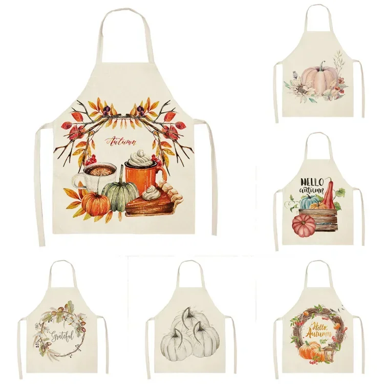 New Pumpkin Linen Apron Kitchen Cooking Oil-proof Apron Household Sleeveless Hanging Neck Bib Parent-child Apron Tablier Cuisine