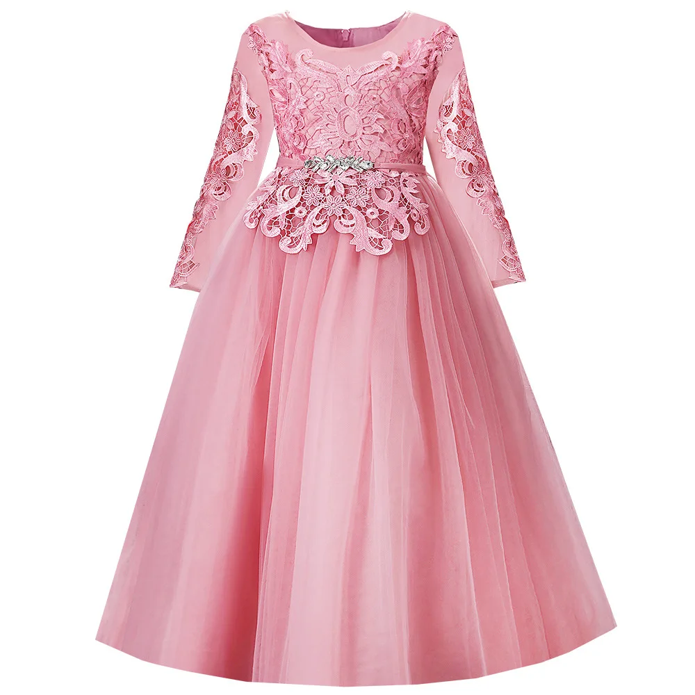 ELBCOS 6-14T Kid Girls Embroidery Solid Color Long Sleeve Beading Bow Belt Straight Skirt Costumes Evening Full Layered Dress