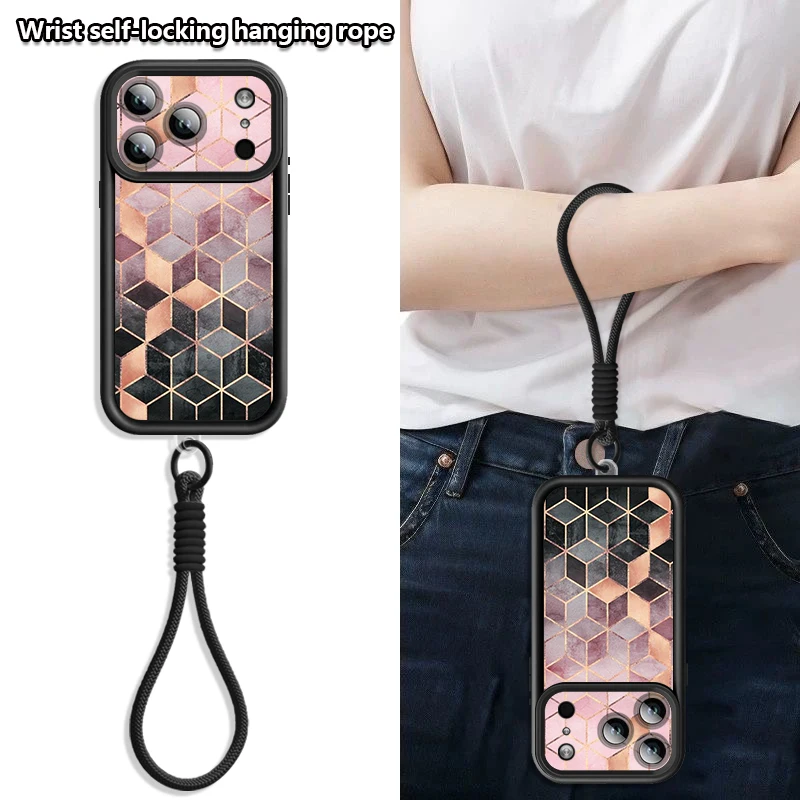 Wrist Strap Lanyard Phone Case For iPhone 17 Pro Max 17e 16e 16 14 15 13 Pro Max 11 Marble Pattern Soft TPU Silicone Back Cover view 3