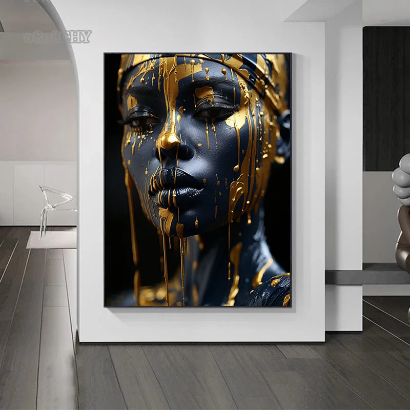 Golden Radiant African Beauty Art Posters Print Canvas Painting Modern Fashion Portrait Wall Art Mural for Liivng Room Decor