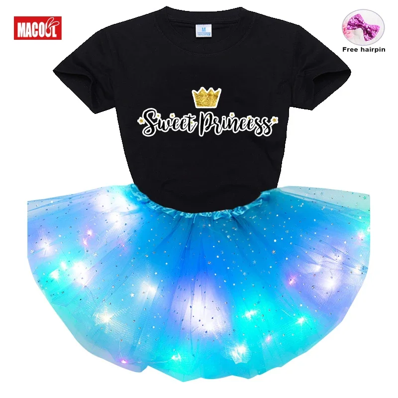 Baby Girls Clothes Sets 2025 Summer Girl LED Short Sleeve T-shirt + Dress + Hairpin 3pc Sets Children's Clothing Dress Suit