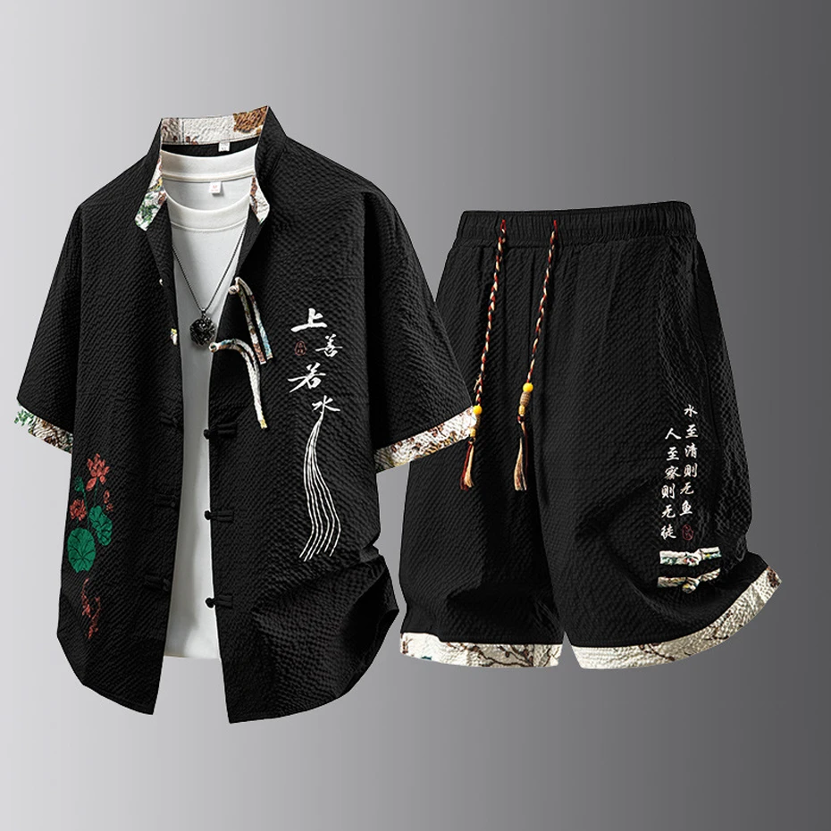 

Summer Tracksuits Men Traditional Chinese Style Suit Shirt Shorts Tang Suit Male Fashion Casual Summer Sets