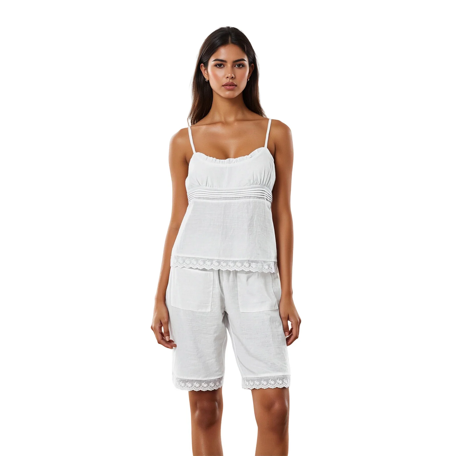 

Women Pajamas Set 2 Pieces Loungewear Suits Lace Trim Sleeveless Cami Tops and Loose Shorts Sleepwear Outfits
