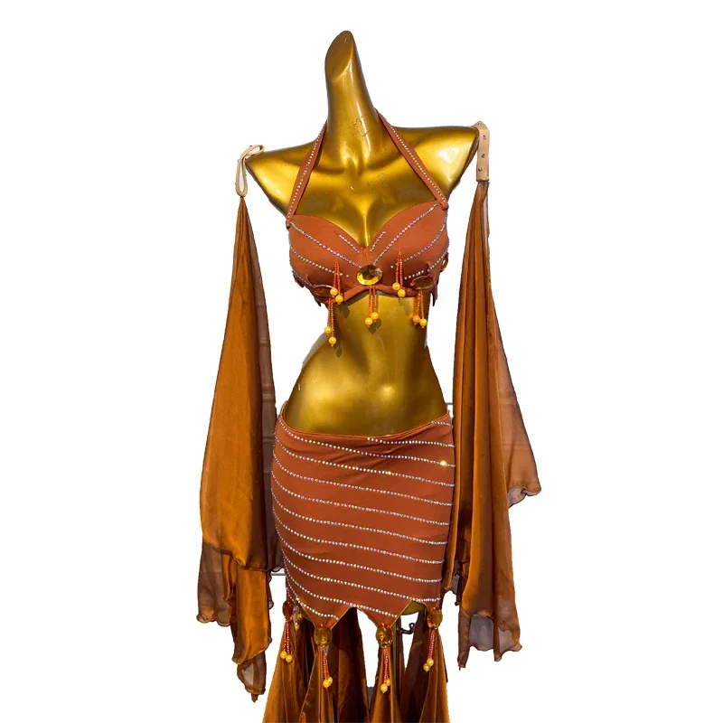 Costume de danse du ventre pour femme, biscuits de luxe personnalisés, ensemble de performance en satin haut de gamme, vêtements de compétition de danse financière pour filles