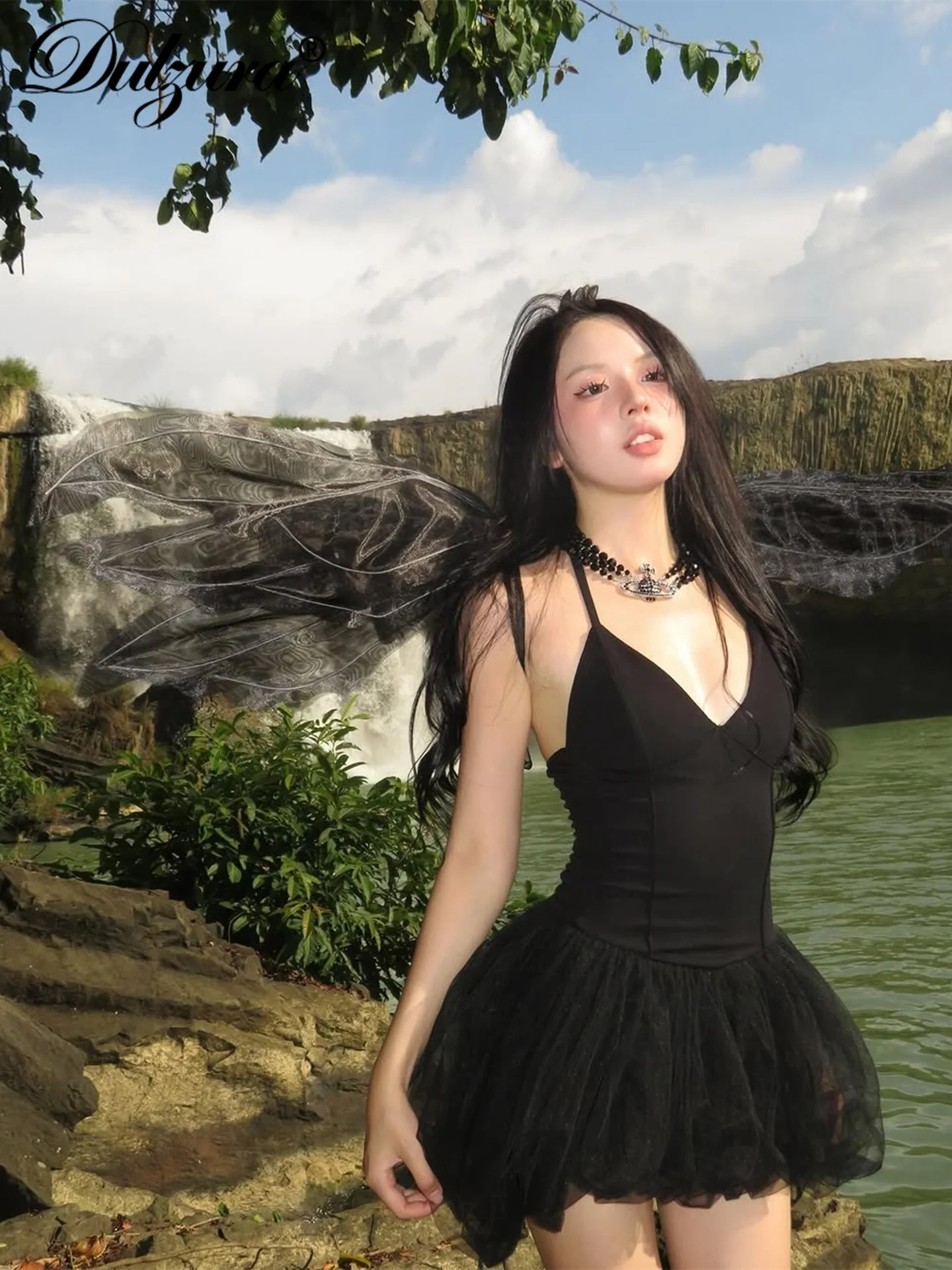 Dulzura verão sólido sexy elegante com decote em v sem mangas sem costas magro preto cisne malha vestido de princesa festa à noite clube roupas de baile