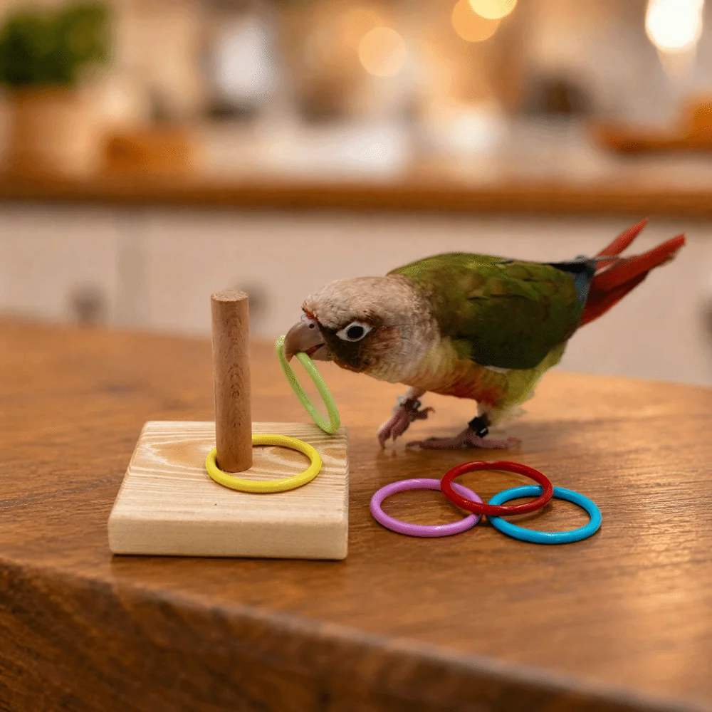 6PCS Natural Wood Base Stacking Ring Toy Small Size Stable Construction Tabletop Bird Toy Daily Training Space Saving