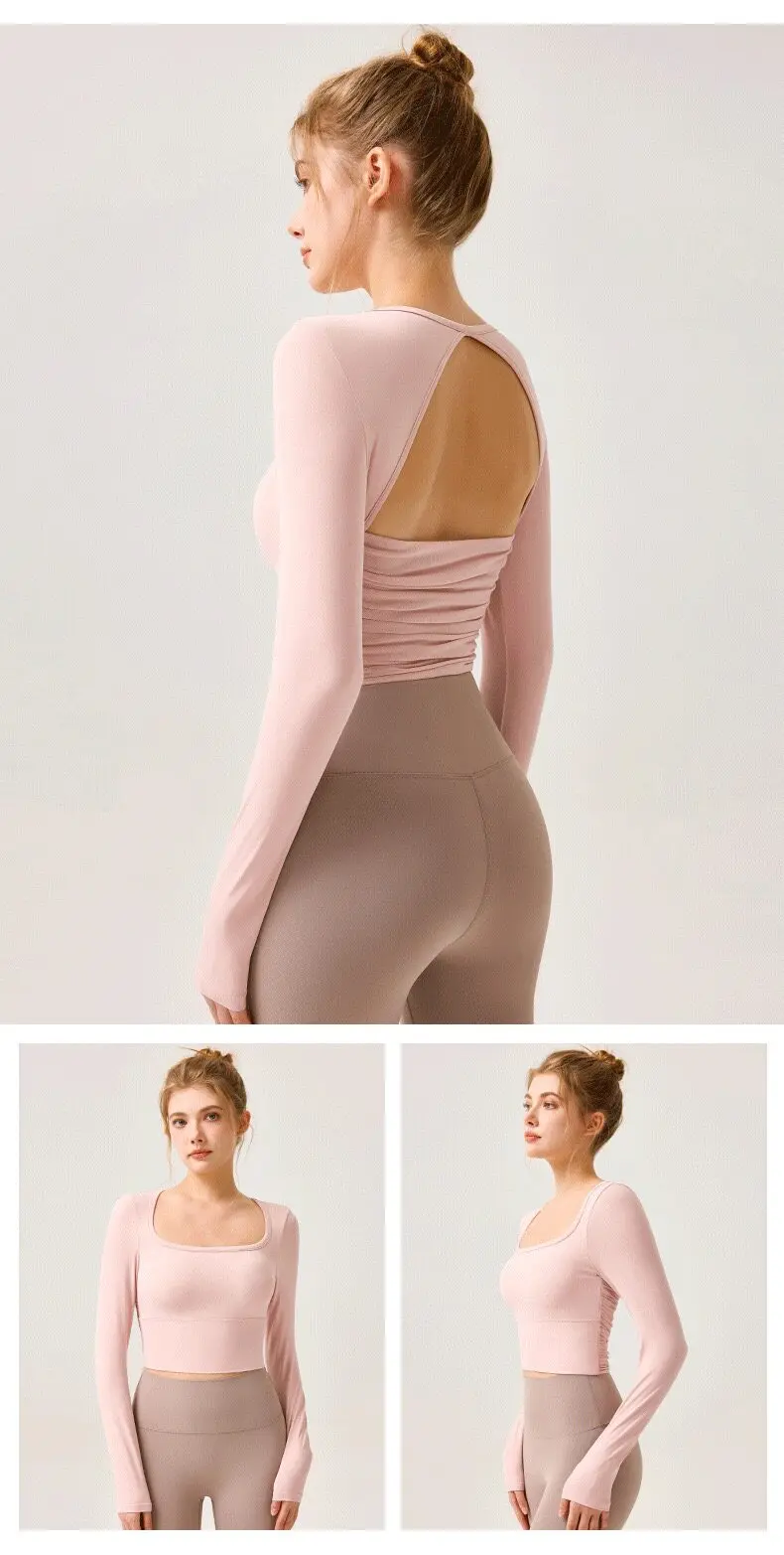 Schöne Yoga-Oberteile für Damen mit Brustpolstern, All-in-One-Lauf- und Trainingsbekleidung, Sportbekleidung mit langen Ärmeln, Fitnessbekleidung, Pilates – Detail 3