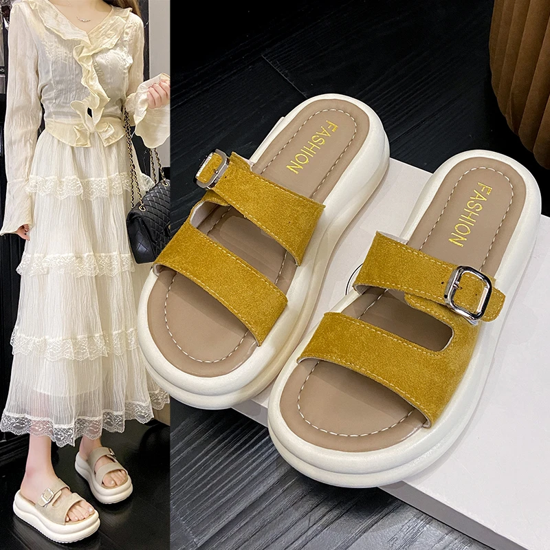 

Shoes for Women Leather Slides Open Toe Woman Slippers Flip Flops Sandals Flat Kawaii Cute on Beach Original Wholesale New Style