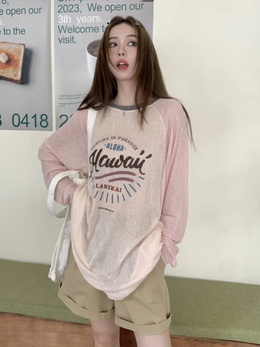 American Letter Print Long Sleeve T-Shirt Women's Summer Thin Loose Shoulder Insert Sleeve Sun Protection Top