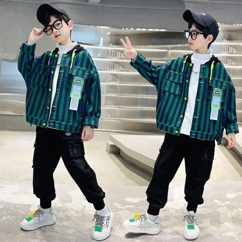 

2023 Korean New 4-14 Yrs Boys Jackets spring Thin Trench Coat Denim Jacket Children's Clothes Casual Fashion Hooded Jeans Jacket