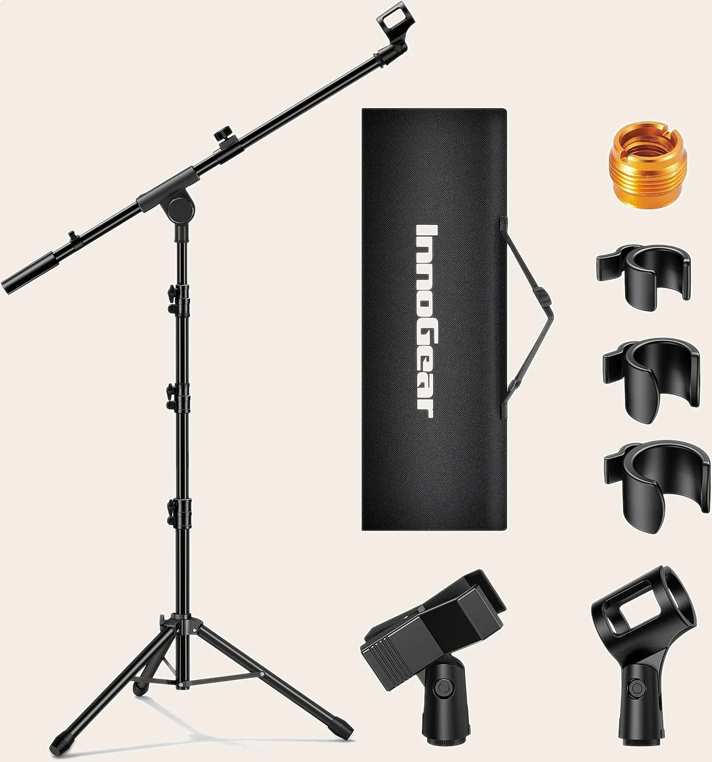 Adjustable Microphone Stand with Boom Arm, Tripod Base, Carrying Bag and Clips