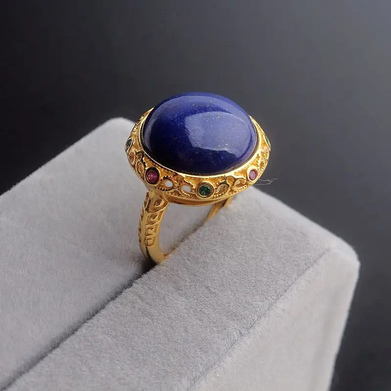 

Natural Lapis Lazuli Ring Female S925 Sterling Silver Gold Plated Gemstone Open Ring Female Court Style Elegant High Sense