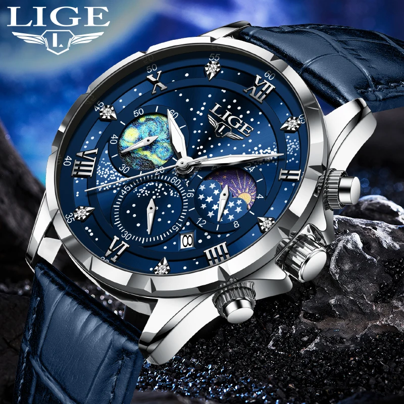 

LIGE Fashion Casual Quartz Man Watch 24H Moon Phase Leather Strap Sport Waterproof Luminous Auto Date Clocks Watches for Men+Box