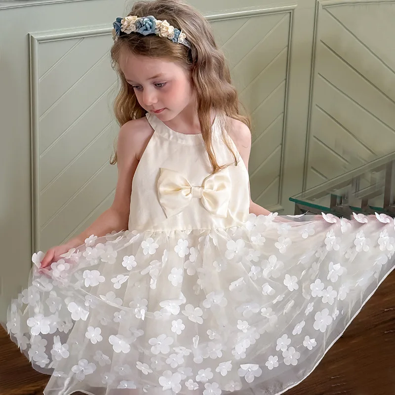 

2026 New Summer Girls Korean Cute 3D Floral Slip Dress Tulle Tutu Princess Dress Baby Girl 1st Birthday Party Pageant Dresses