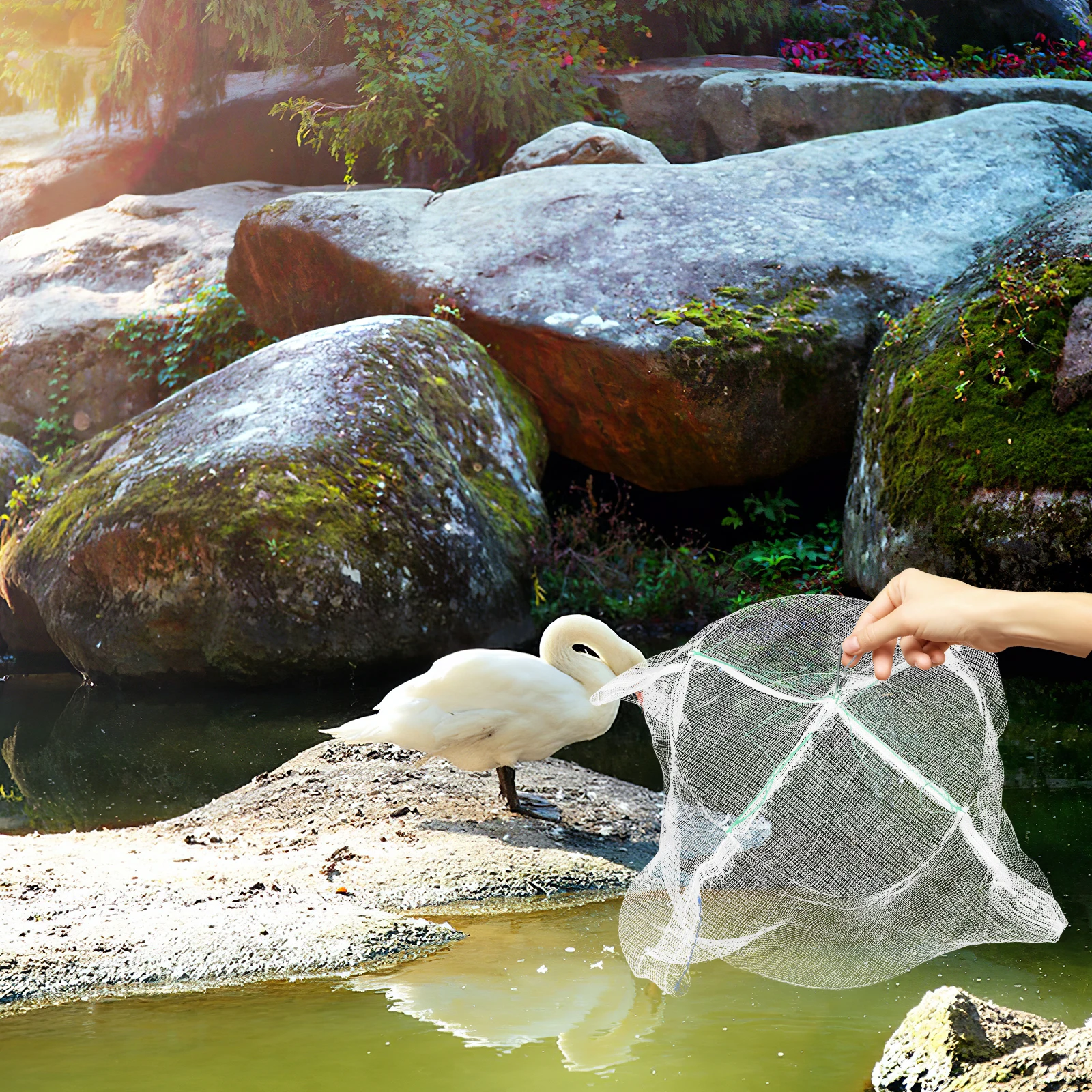 

5pcs White Round Shrimp Cage Kids Fishing Net Foldable Durable River Shrimp Fishpond Catching Tool Mesh Netting Basket