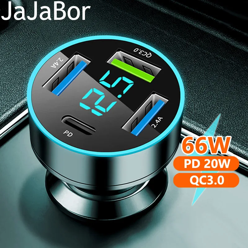 JaJaBor Car Charger 66W Type C PD QC3.0 4 Ports Fast Charging Voltage Detection Digital Display In Car Adapter Phone Charger