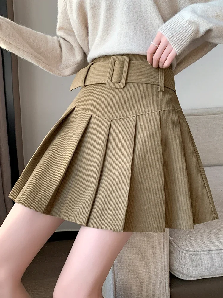 QOERLIN with Belt Pleated Skirts Short Women High Waist Mini Skirt with Shorts Y2K Streetwear Korean Fashion Black Skirts 2024