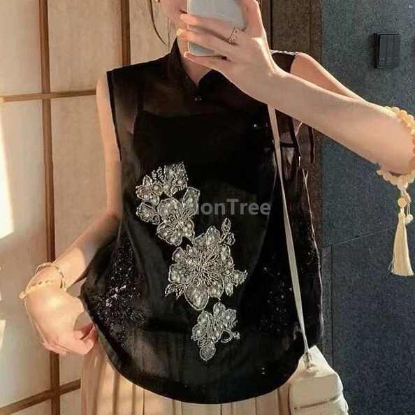New Chinese-style Heavywork Embroidered Sleeveless Shirt Vest Women Summer Chiffon Elegant Stylish Top Daily Outerwear Vest