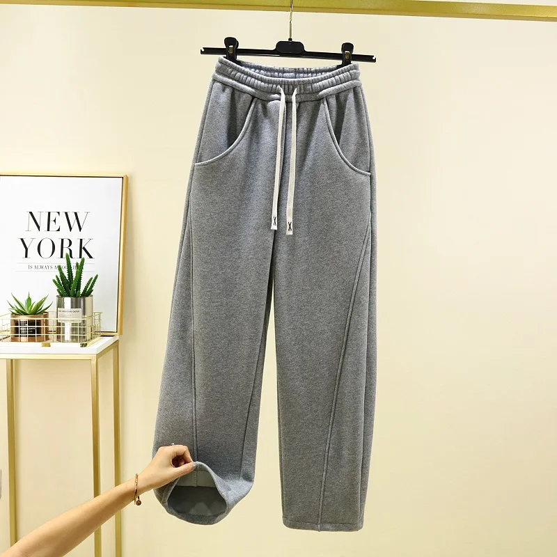 ارتفاع الخصر Fce اصطف عادية بنطال ذو قصة أرجل واسعة Thiened الخريف الشتاء مستقيم قطع بنطلون درا Sweatpants المرأة Faion