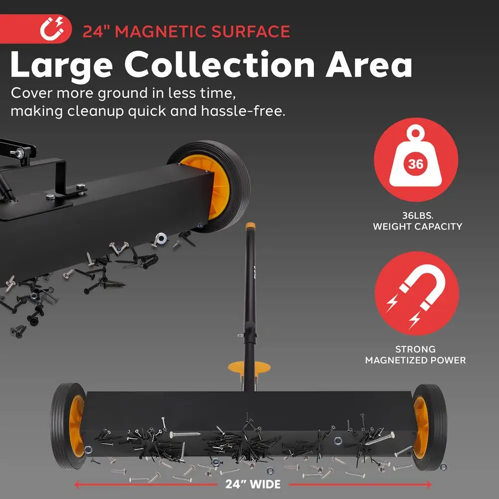 Odkurzacz magnetyczny na kółkach Pyle 24” - Wytrzymały metalowy zbieracz do użytku przemysłowego (czarno-pomarańczowy)