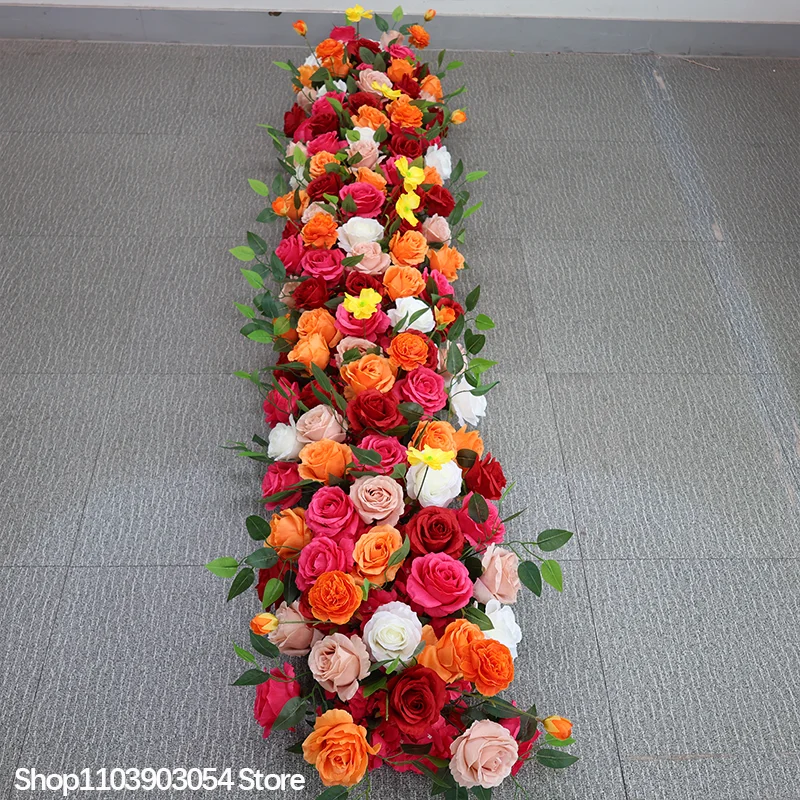 Rosa-weiße Rosen-Grün-Verzierung, langer Sofatischläufer, luxuriöser Hochzeitsbogen, Blumenreihe, Gangbühnen-Hintergrund, Event-Party-Dekoration – Detail 3