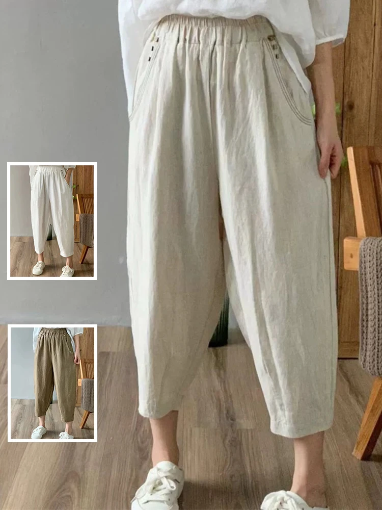 

Свободные хлопковые льняные брюки Харлан с высокой талией, большие размеры, женские повседневные летние однотонные брюки с девятью точками и капустой для похудения